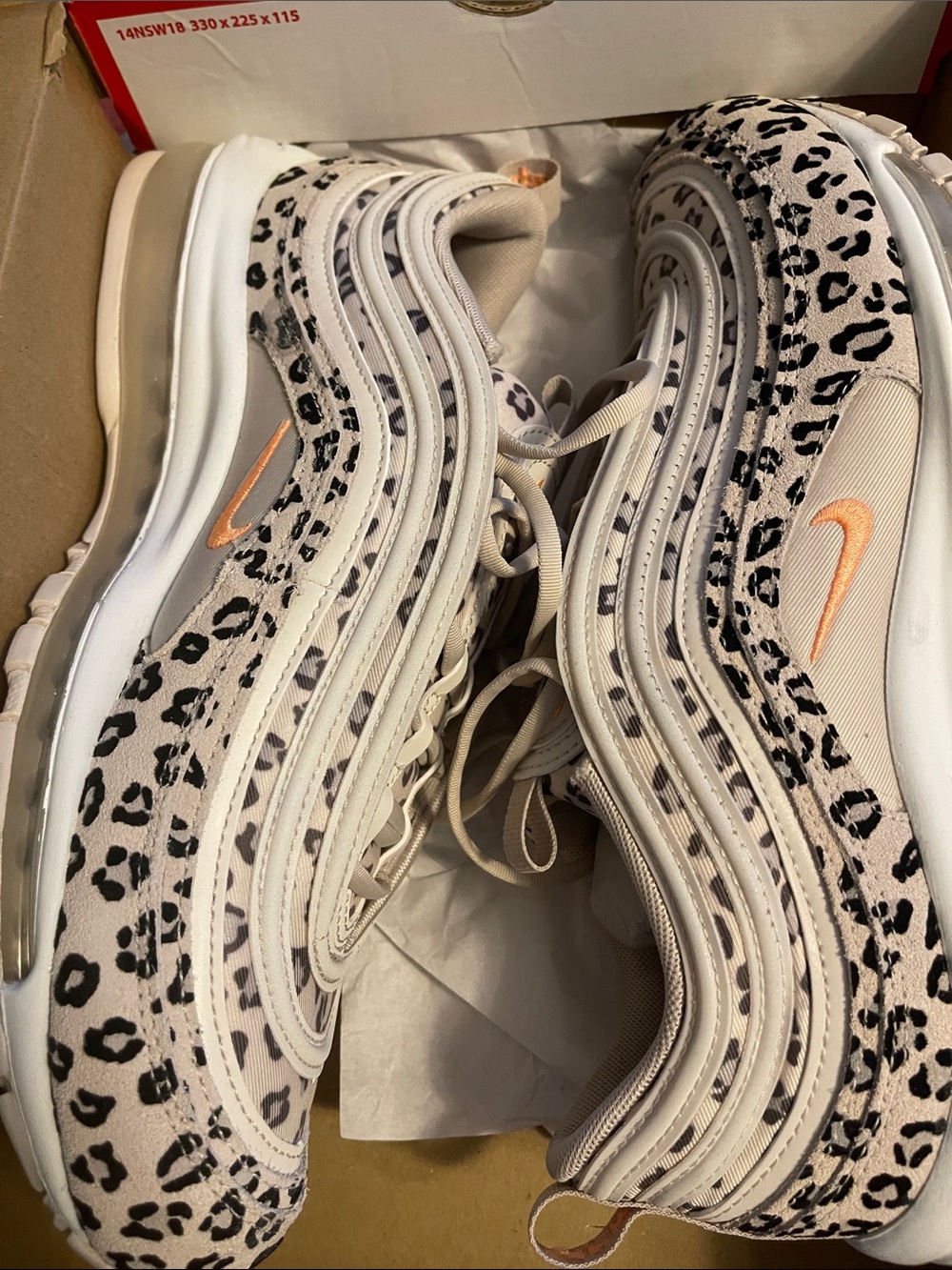 Nike Women Leopard Print Air Max 97 Sneakers in White, Tan and Peach